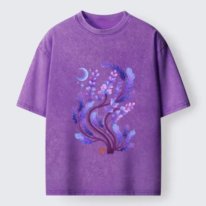 Tokyo-Tiger Peaceful Purple Floral Night Art Washed T-Shirt