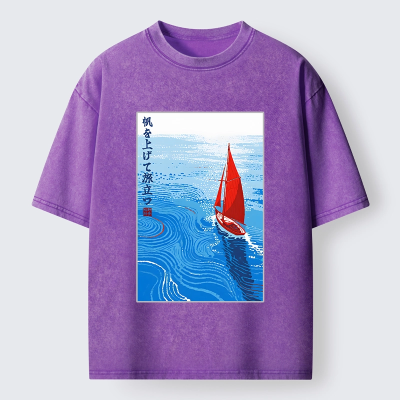 Tokyo-Tiger Bright Blue Sea Sail Journey Art Washed T-Shirt