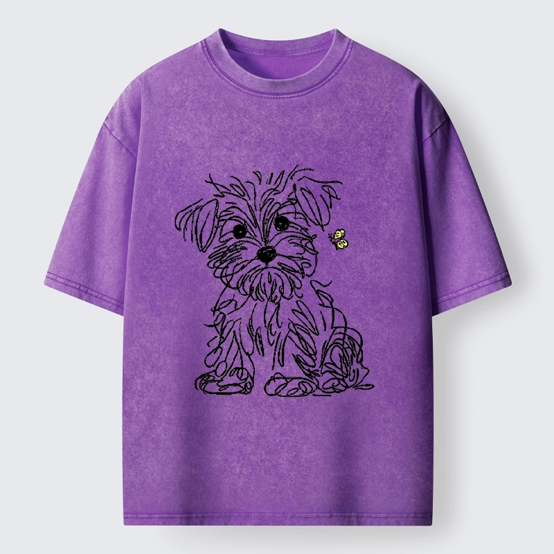 Tokyo-Tiger Simple Line Dog Tiny Butterfly Washed T-Shirt