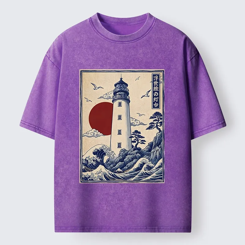 Tokyo-Tiger Classic Wave Lighthouse Sunrise Print Washed T-Shirt
