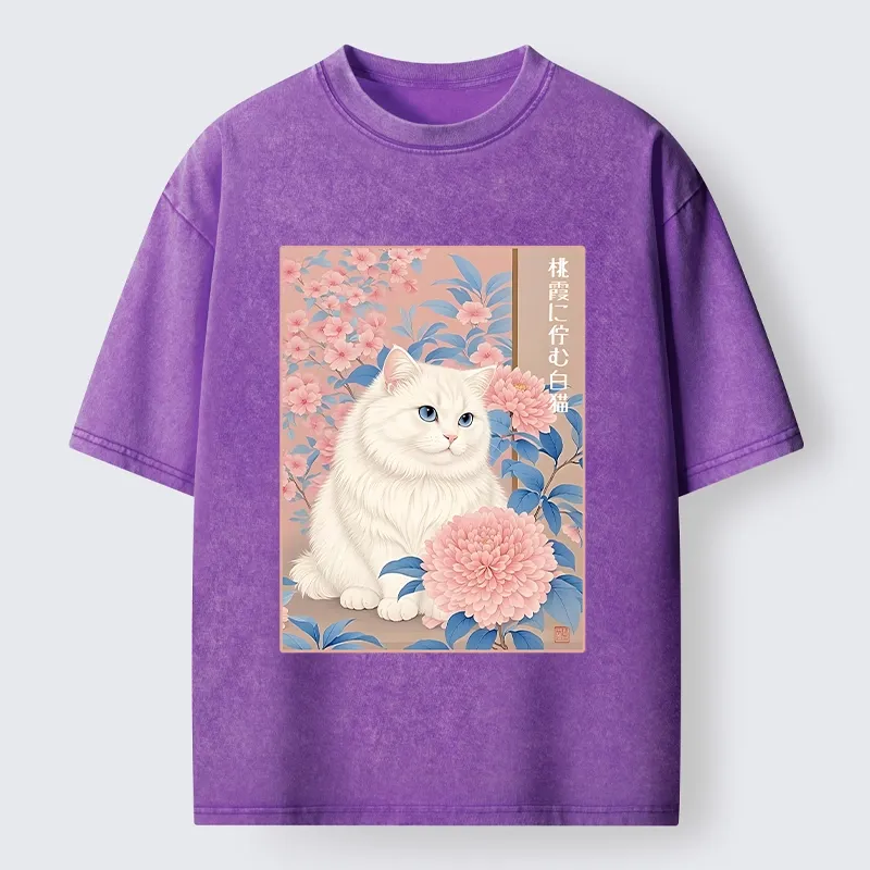 Tokyo-Tiger White Cat Pink Blossom Soft Art Washed T-Shirt