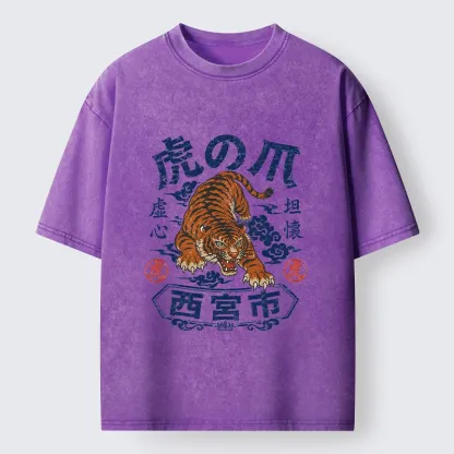 Tokyo-Tiger Brave Tiger Traditional Print Washed T-Shirt