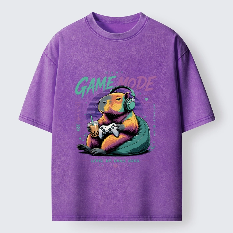 Tokyo-Tiger Cozy Capybara Play Video Games Washed T-Shirt