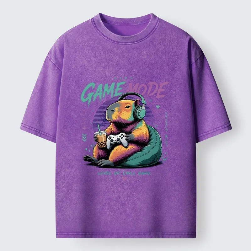 Tokyo-Tiger Cozy Capybara Play Video Games Washed T-Shirt