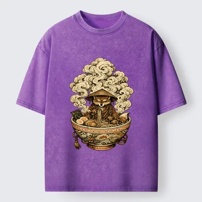Tokyo-Tiger Zen Fox Eat Warm Ramen Washed T-Shirt
