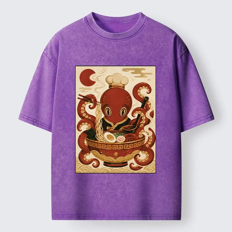 Tokyo-Tiger Red Octopus Master Noodle Maker Washed T-Shirt