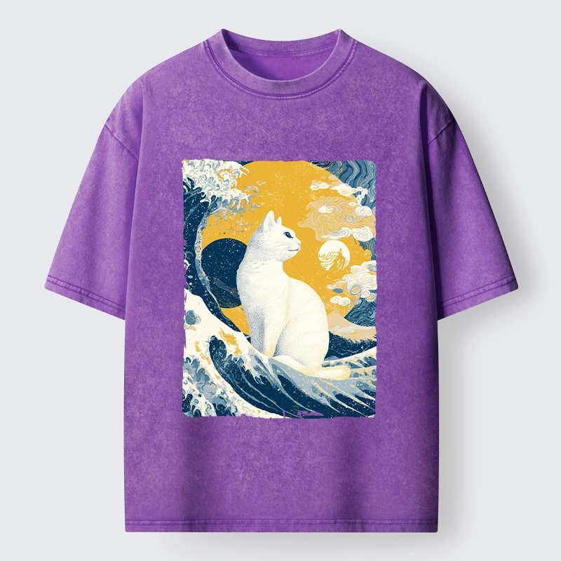 Tokyo-Tiger Ukiyo Cat Giant Ocean Wave Print Washed T-Shirt