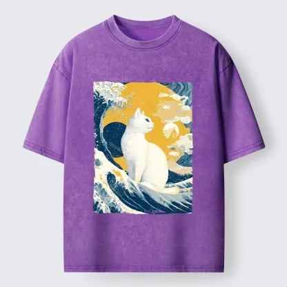 Tokyo-Tiger Ukiyo Cat Giant Ocean Wave Print Washed T-Shirt
