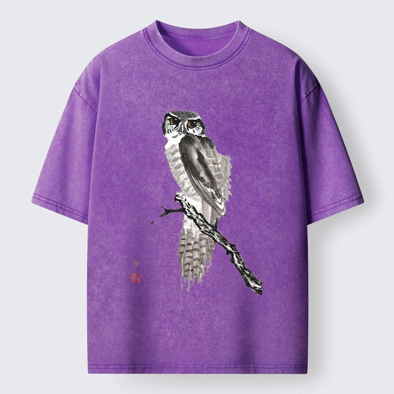 Tokyo-Tiger Minimal Ink Owl Oriental Brush Art Washed T-Shirt