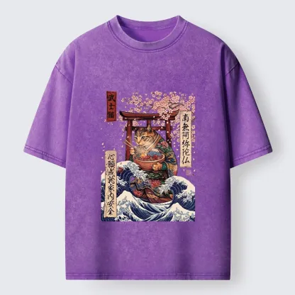 Tokyo-Tiger Samurai Cat Eating Noodles Wave Scene Washed T-Shirt
