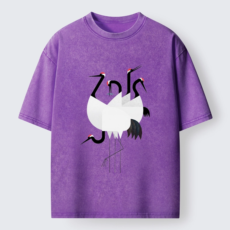 Tokyo-Tiger Minimal Shaped Cranes Simple Graphic Washed T-Shirt