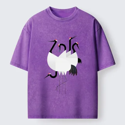 Tokyo-Tiger Minimal Shaped Cranes Simple Graphic Washed T-Shirt