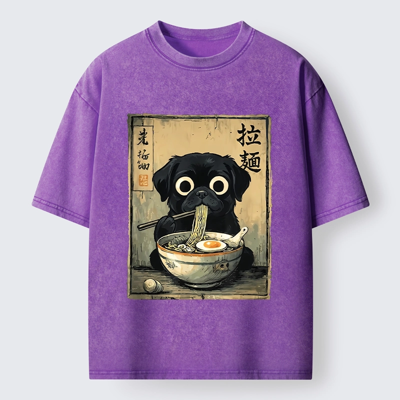 Tokyo-Tiger Cute Black Dog Eating Hot Ramen Washed T-Shirt