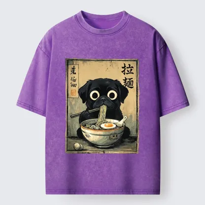 Tokyo-Tiger Cute Black Dog Eating Hot Ramen Washed T-Shirt