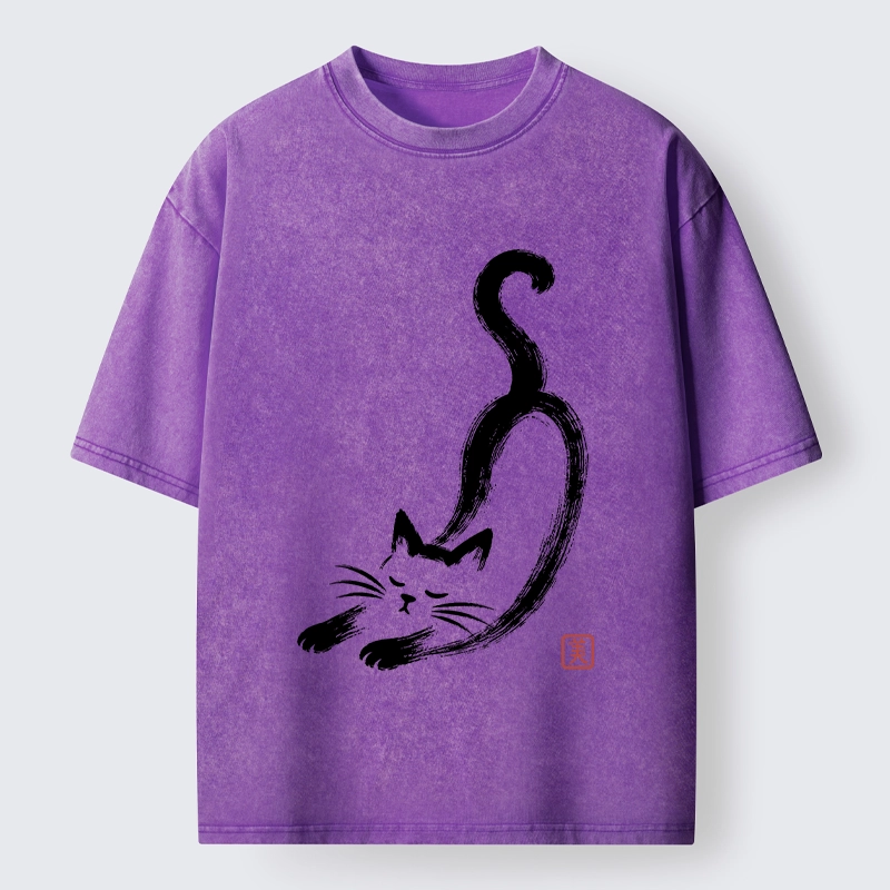 Tokyo-Tiger Soft Ink Stretch Cat Oriental Brush Art Washed T-Shirt