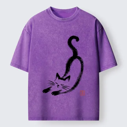 Tokyo-Tiger Soft Ink Stretch Cat Oriental Brush Art Washed T-Shirt