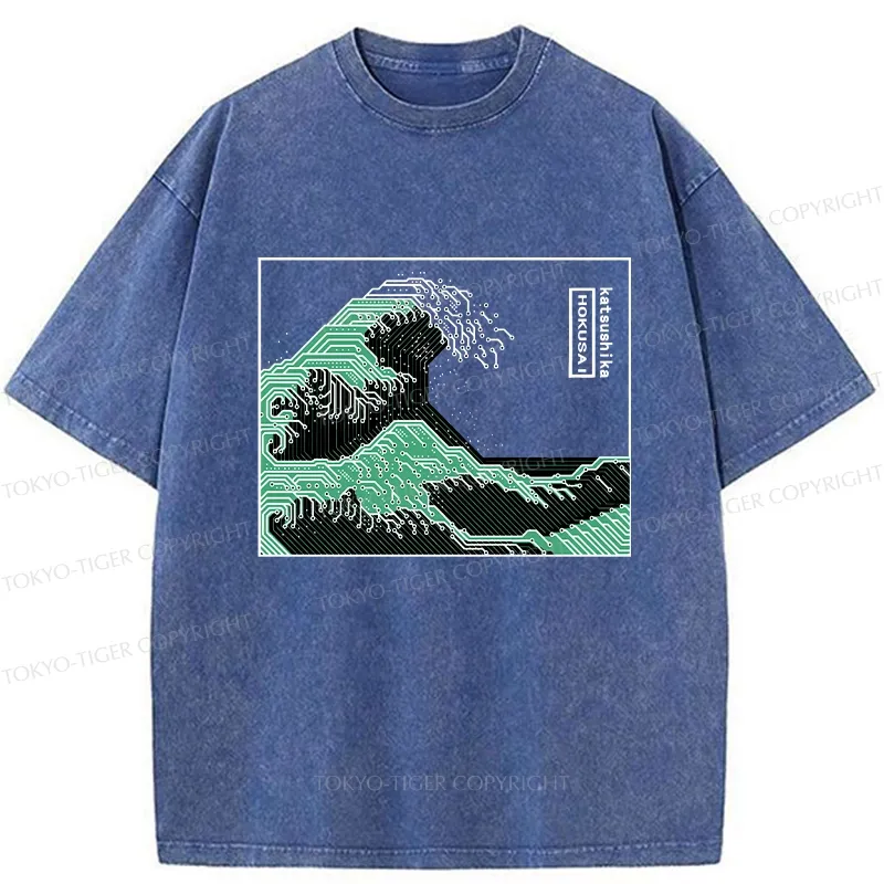 Tokyo-Tiger Wave Of Circuit Board Washed T-Shirt