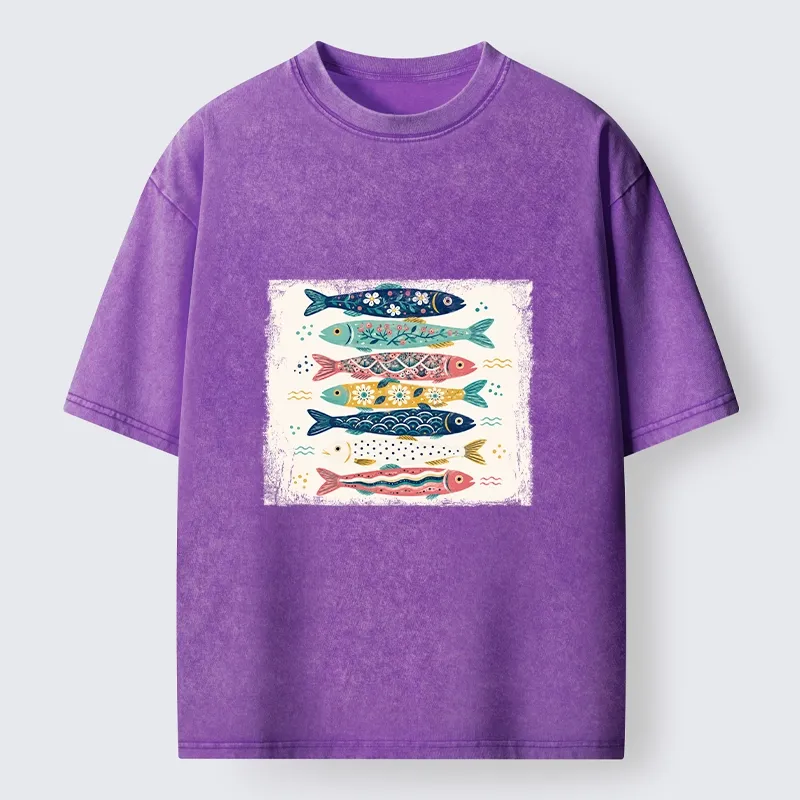 Tokyo-Tiger Simple Folk Art Floral Fish Group Design Washed T-Shirt