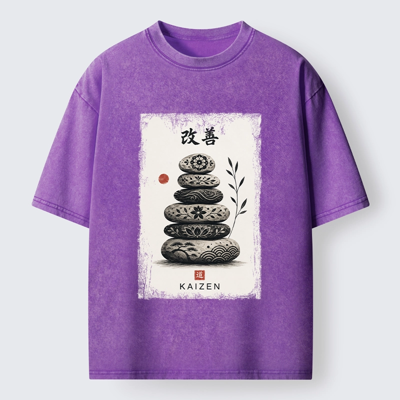 Tokyo-Tiger Japanese Balance Stone Floral Print Washed T-Shirt