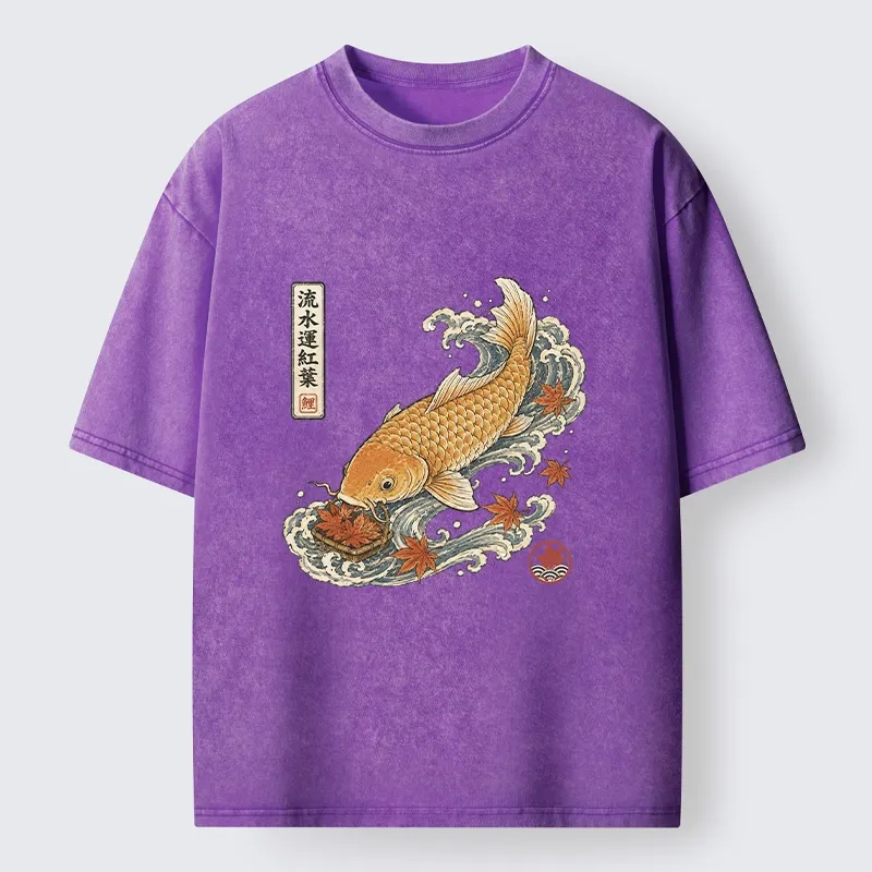 Tokyo-Tiger Golden Koi Carp Maple Leaf Wave Art Washed T-Shirt