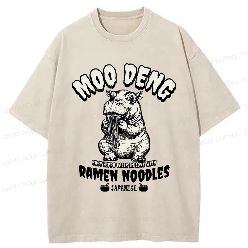 Tokyo-Tiger Moo Deng Eating Ramen Funny Washed T-Shirt