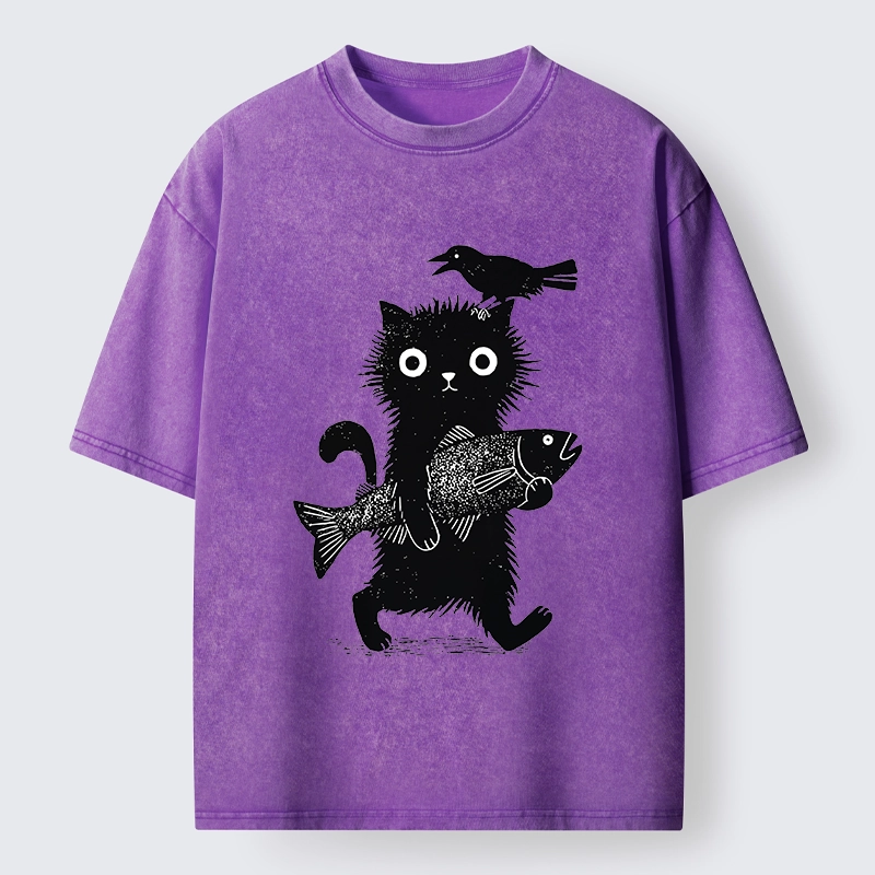 Tokyo-Tiger Wild Fluffy Cat Fish Crow Vintage Print Washed T-Shirt