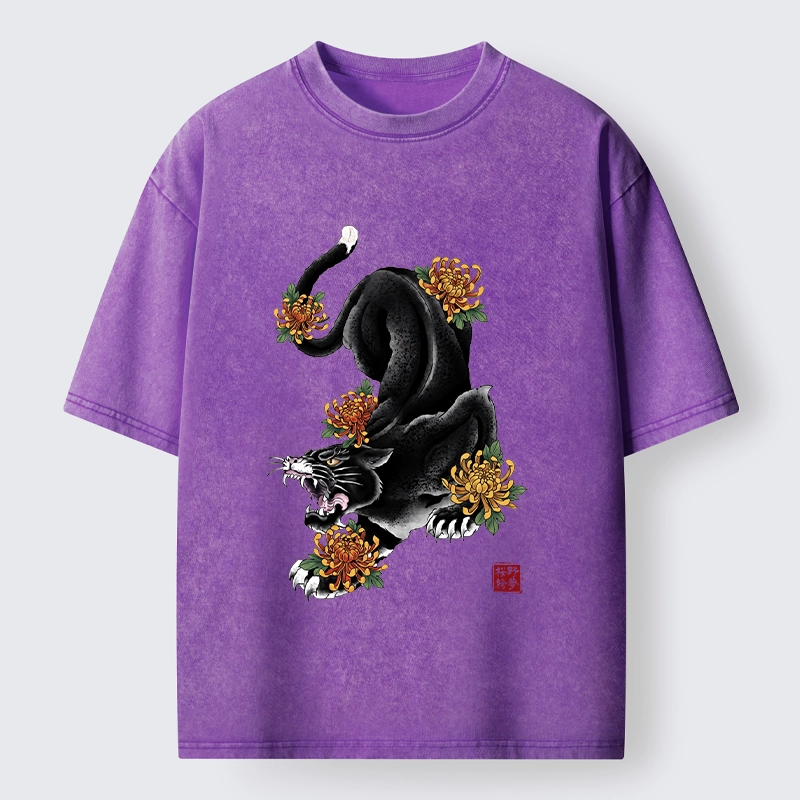 Tokyo-Tiger Wild Black Cat Panther Autumn Flower Graphic Washed T-Shirt