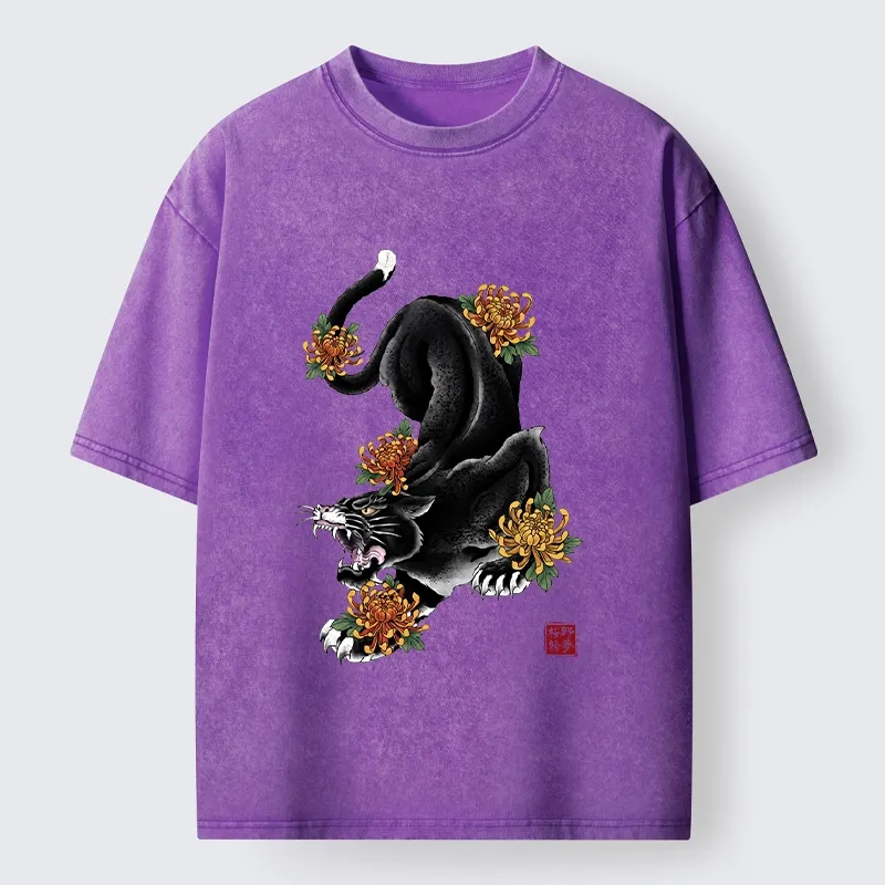 Tokyo-Tiger Wild Black Cat Panther Autumn Flower Graphic Washed T-Shirt