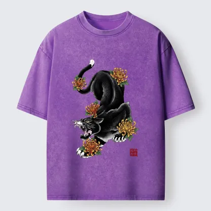 Tokyo-Tiger Wild Black Cat Panther Autumn Flower Graphic Washed T-Shirt