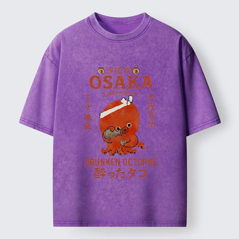 Tokyo-Tiger Vintage Osaka Octopus Sake Drinking Print Washed T-Shirt