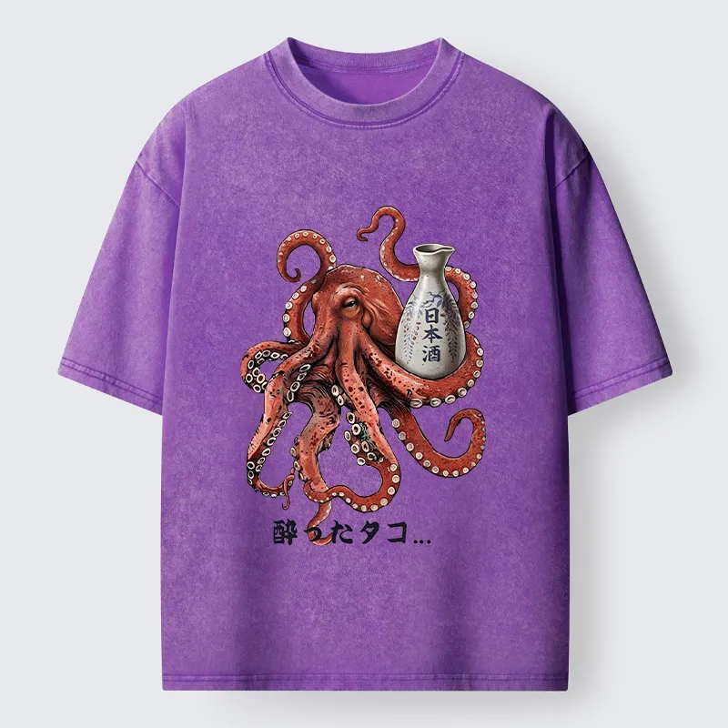 Tokyo-Tiger Japanese Drunken Octopus Sake Pot Art Washed T-Shirt