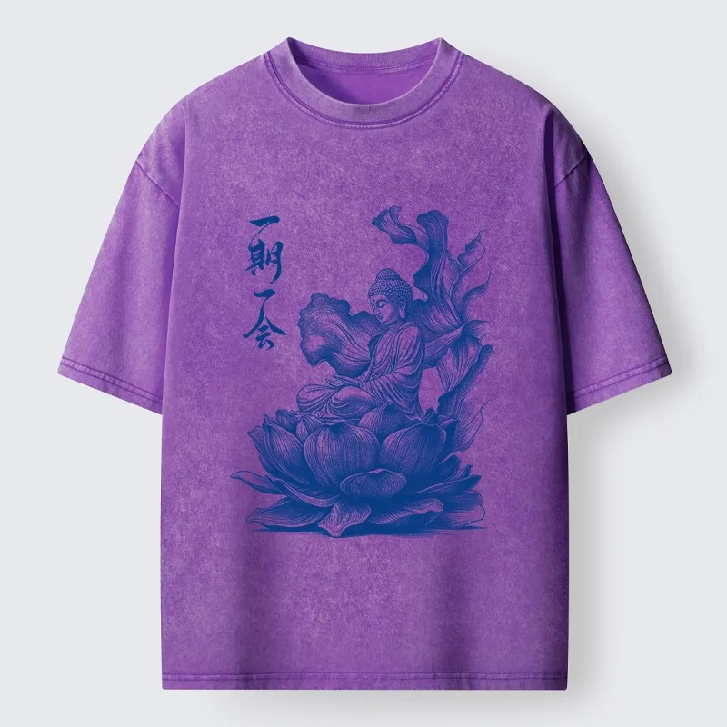 Tokyo-Tiger Calm Buddha On Big Lotus Zen Graphic Washed T-Shirt
