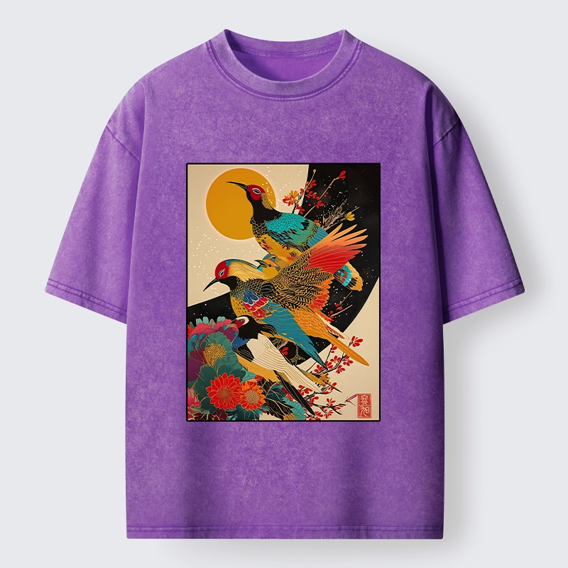 Tokyo-Tiger Sunrise Pheasants Blossom Oriental Art Design Washed T-Shirt