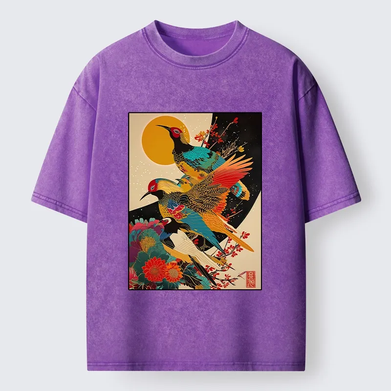 Tokyo-Tiger Sunrise Pheasants Blossom Oriental Art Design Washed T-Shirt