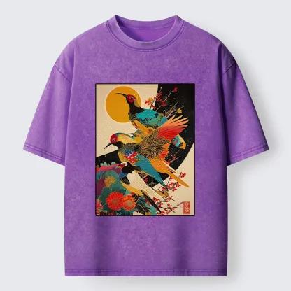 Tokyo-Tiger Sunrise Pheasants Blossom Oriental Art Design Washed T-Shirt