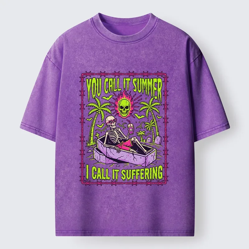 Tokyo-Tiger Neon Skull Summer Vacation Dark Humor Art Washed T-Shirt