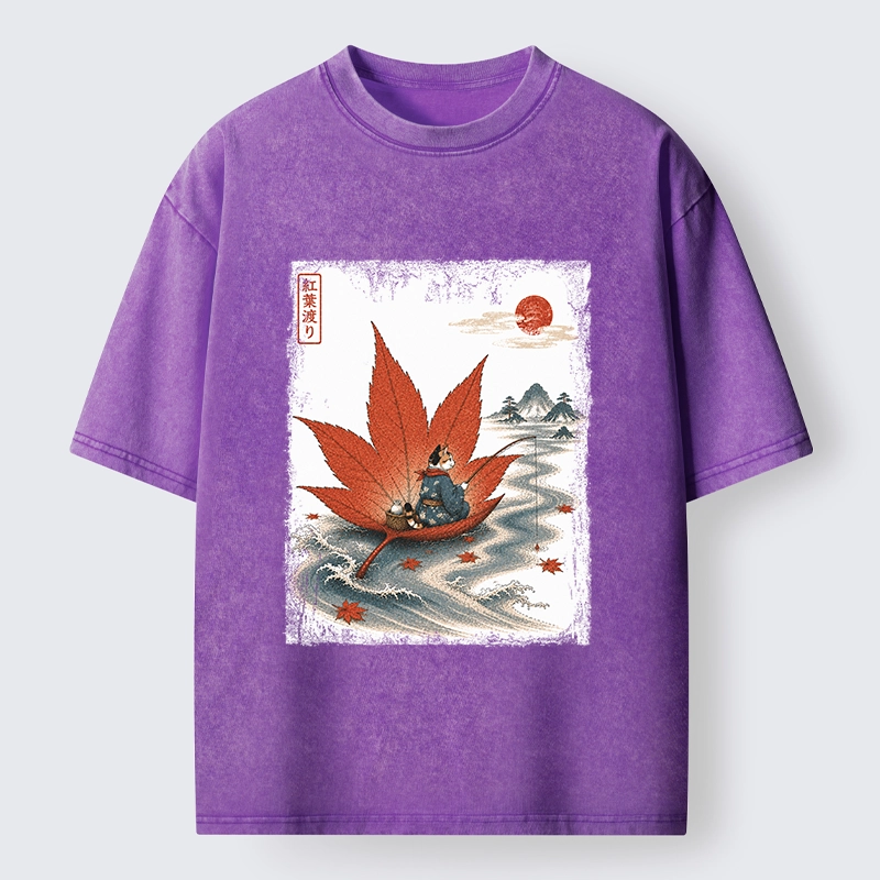 Tokyo-Tiger Japanese Cat Maple River Fishing Vintage Art Washed T-Shirt