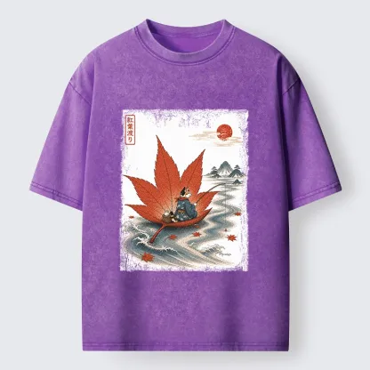 Tokyo-Tiger Japanese Cat Maple River Fishing Vintage Art Washed T-Shirt