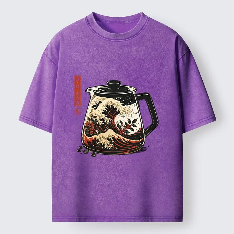 Tokyo-Tiger Coffee Pot Great Wave Coffee Beans Art Washed T-Shirt