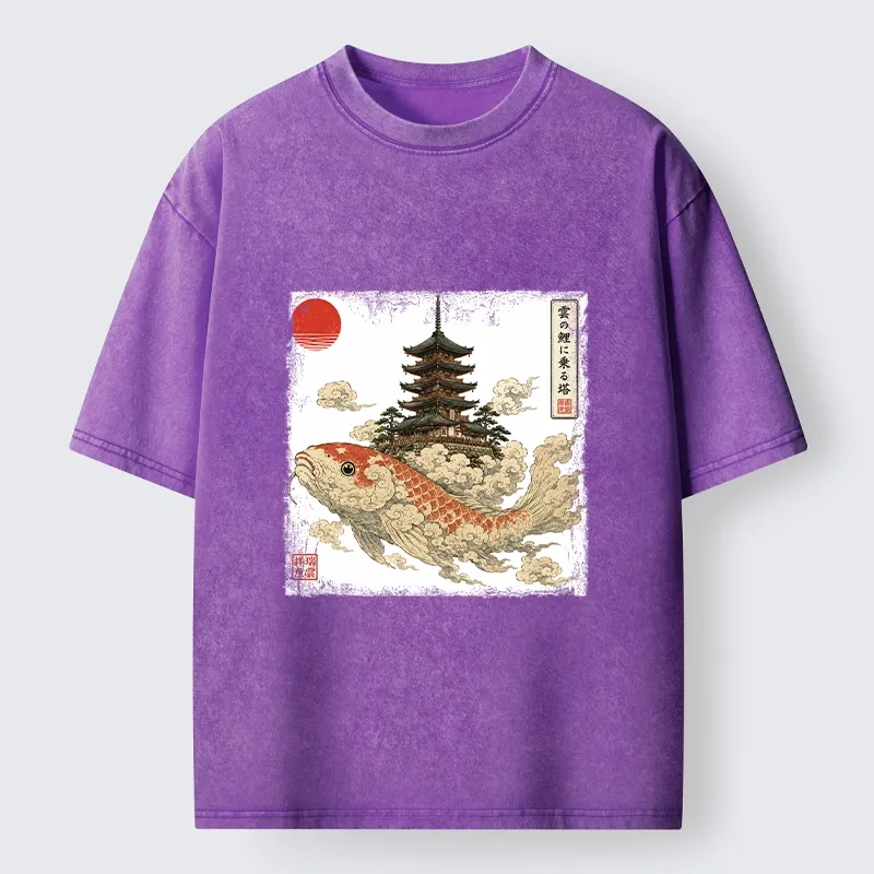 Tokyo-Tiger Sacred Koi Carp And Ancient Temple Tower Art Washed T-Shirt