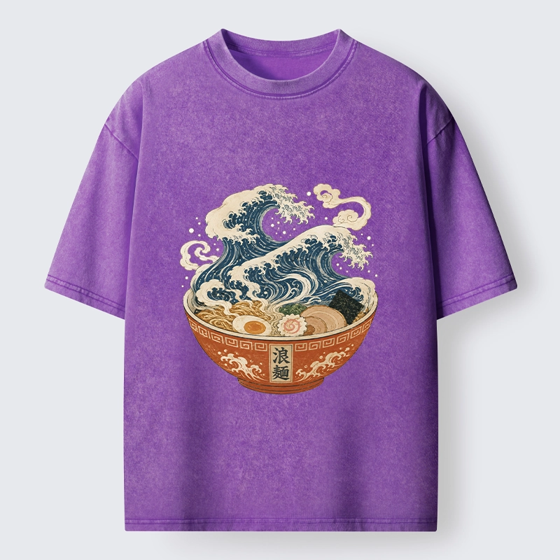 Tokyo-Tiger Ramen Bowl Holds Giant Ocean Wave Graphic Washed T-Shirt