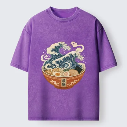 Tokyo-Tiger Ramen Bowl Holds Giant Ocean Wave Graphic Washed T-Shirt