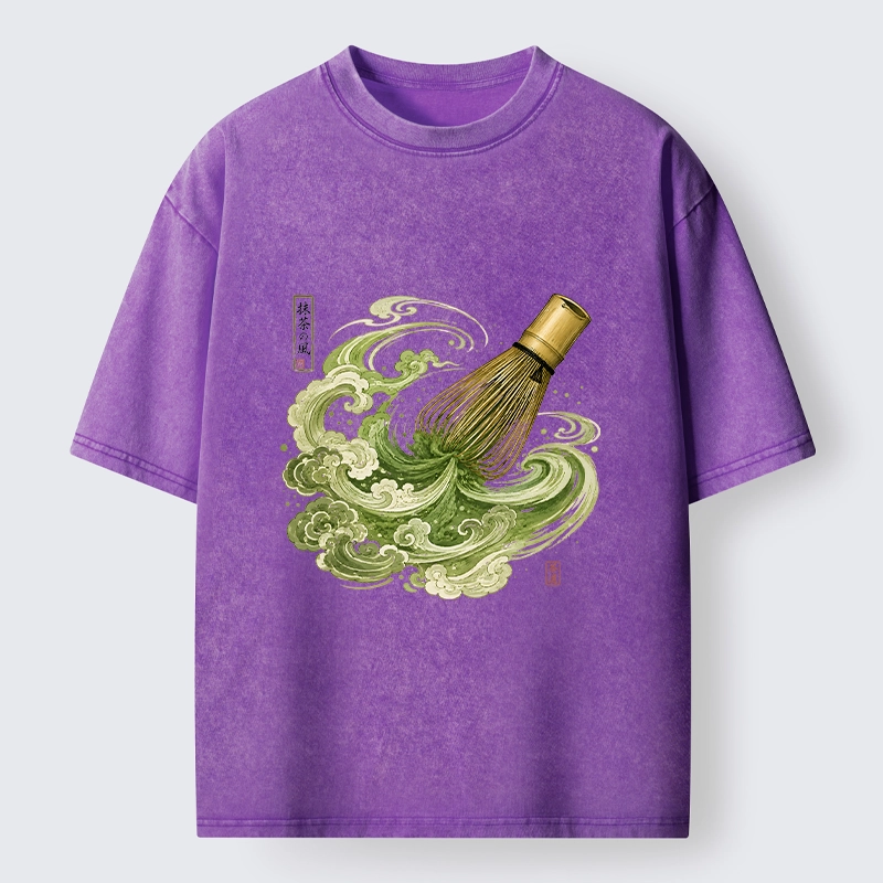 Tokyo-Tiger Zen Matcha Wave Bamboo Whisk Vintage Print Washed T-Shirt