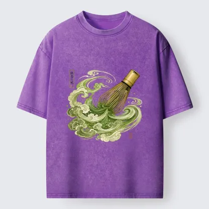 Tokyo-Tiger Zen Matcha Wave Bamboo Whisk Vintage Print Washed T-Shirt