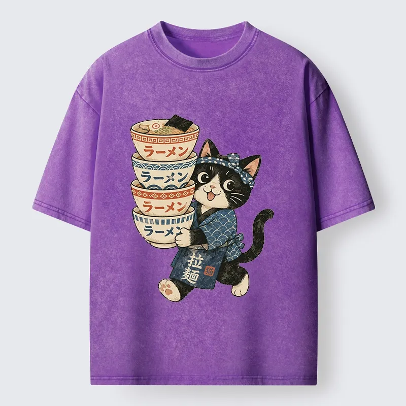 Tokyo-Tiger Funny Meme Cat Carries Stacked Ramen Bowls Washed T-Shirt