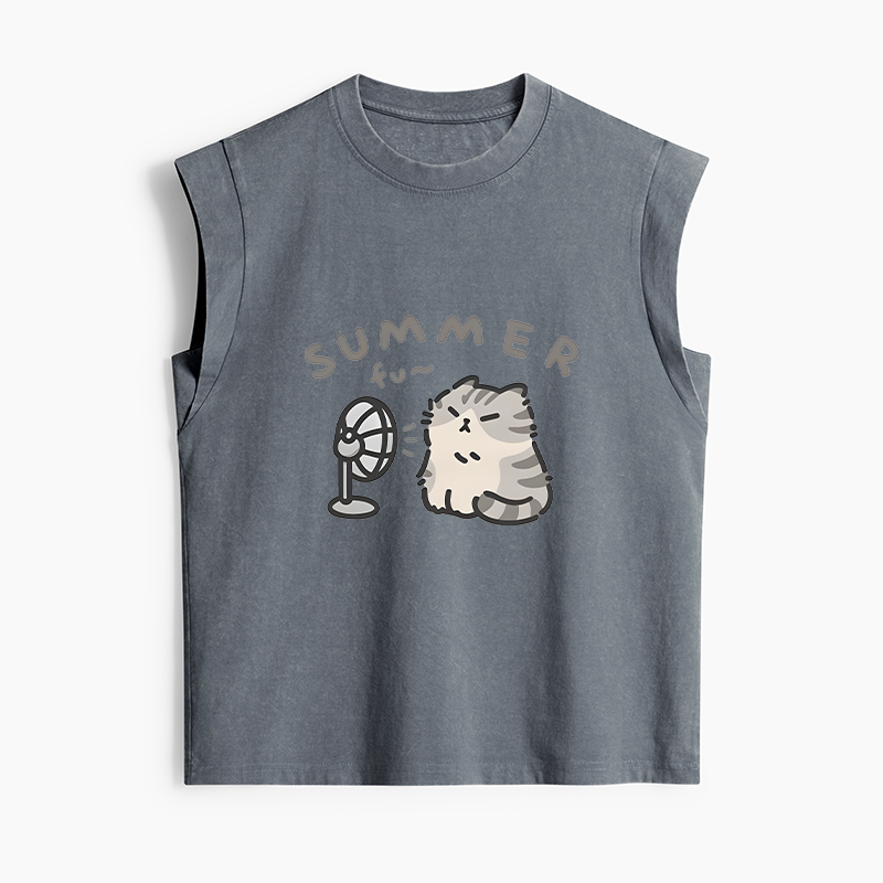 Tokyo-Tiger Summer Cat Chills With A Fan Women's Washed Tank Tops