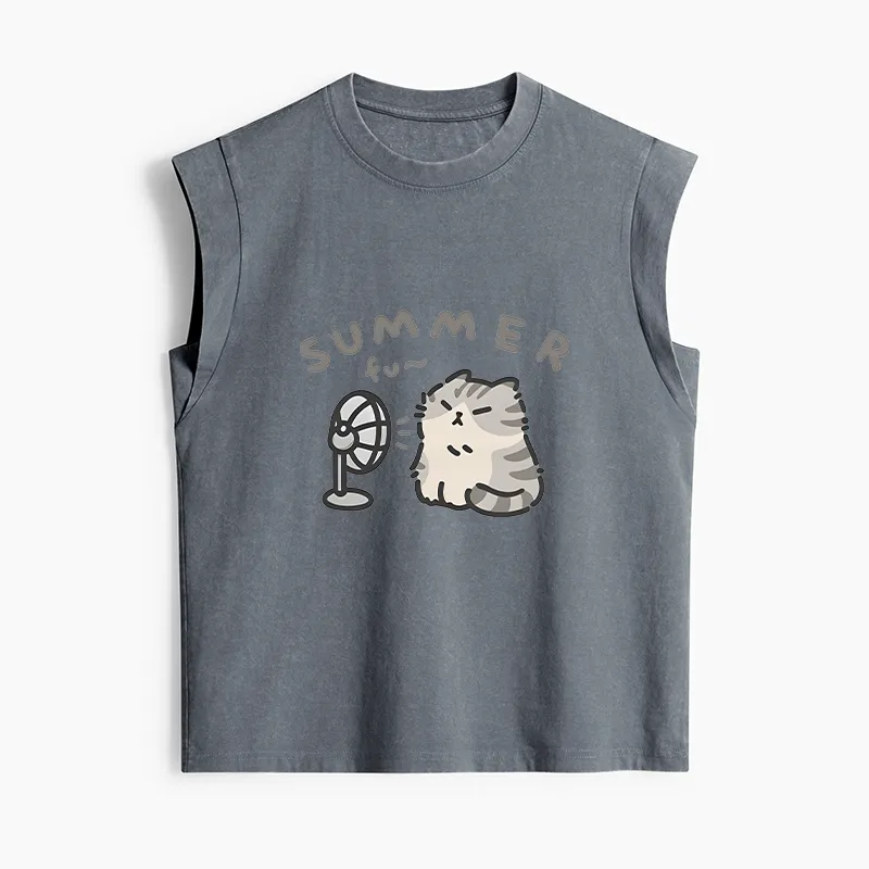 Tokyo-Tiger Summer Cat Chills With A Fan Women's Washed Tank Tops