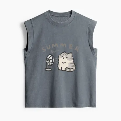 Tokyo-Tiger Summer Cat Chills With A Fan Women's Washed Tank Tops