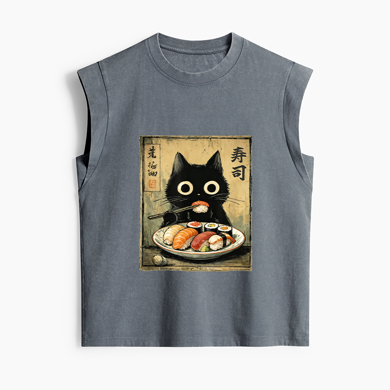 Tokyo-Tiger Vintage Japanese Sushi Cat Women's Washed Tank Tops
