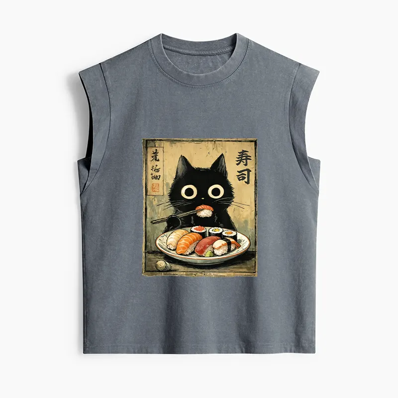 Tokyo-Tiger Vintage Japanese Sushi Cat Women's Washed Tank Tops